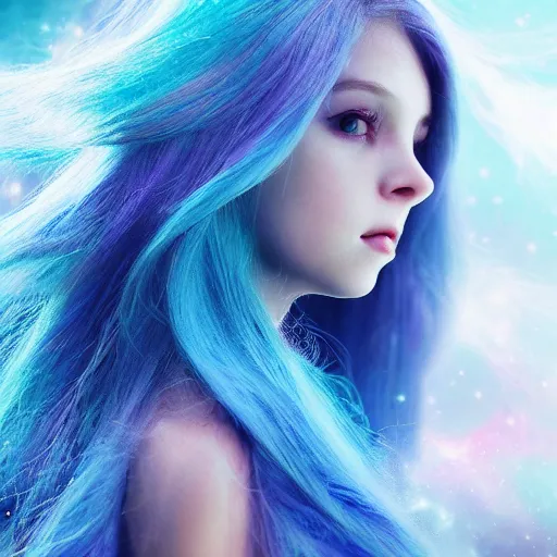 Image similar to photorealistic portraits of girl, blue hair, background with beautiful photography of nebula space wallpaper 8k