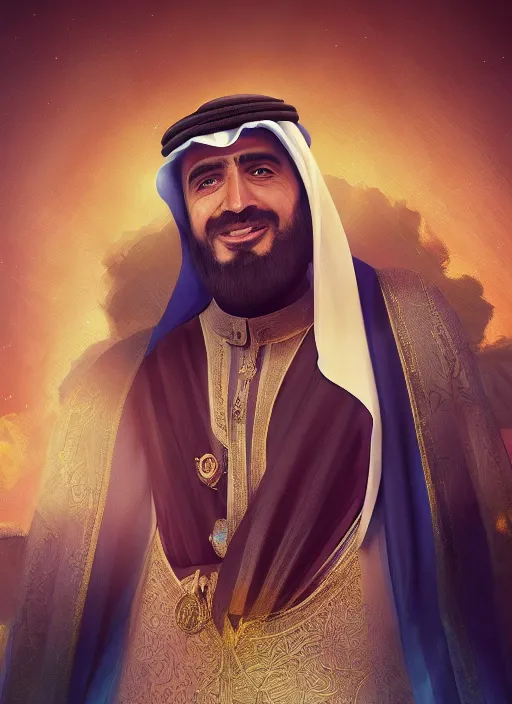 Image similar to portrait of sheikh mohammad ruler of dubai, trending in artstation, cinematic lighting, studio quality, smooth render, unreal engine 5 rendered, octane rendered, art style by klimt and nixeu and ian sprigger and wlop and krenz cushart.