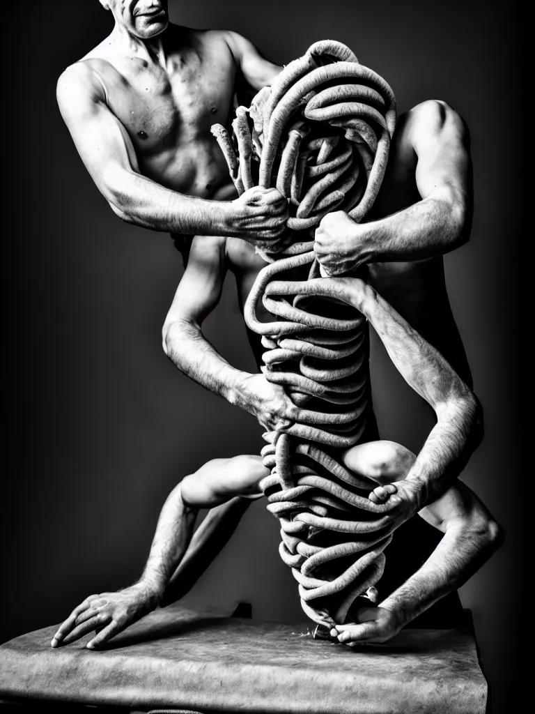 Prompt: a perfect portrait photograph, of a twisting man, being fed into a mangle. perfect focus and studio lighting.