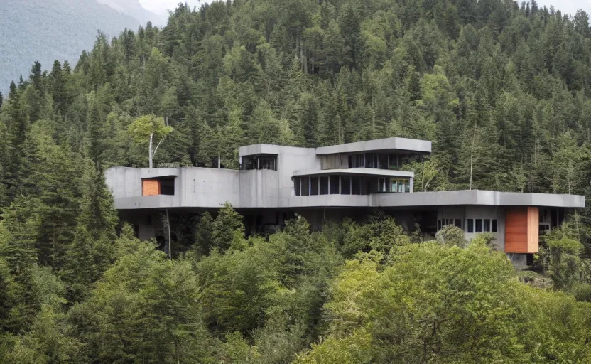 Prompt: complex brutalist house on a secluded mountain with trees around