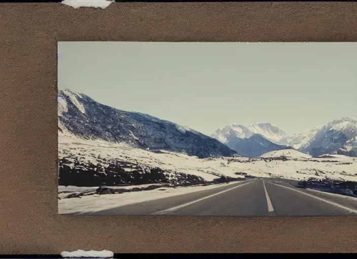 Image similar to A very high resolution image from a new movie, landscape from a car window , mountains, snowy, snowy mountains, Polaroid, directed by wes anderson