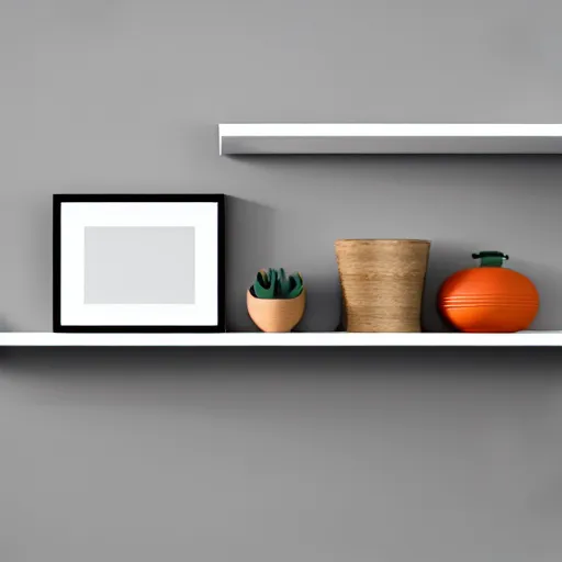 Prompt: A gray shelf, minimalist style art, white background