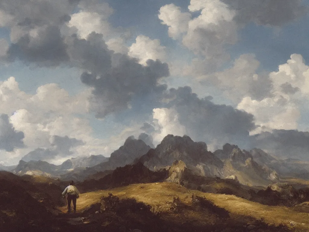 Prompt: A traveler wandering trough the mountains looking at the clouds, neo-romanticism