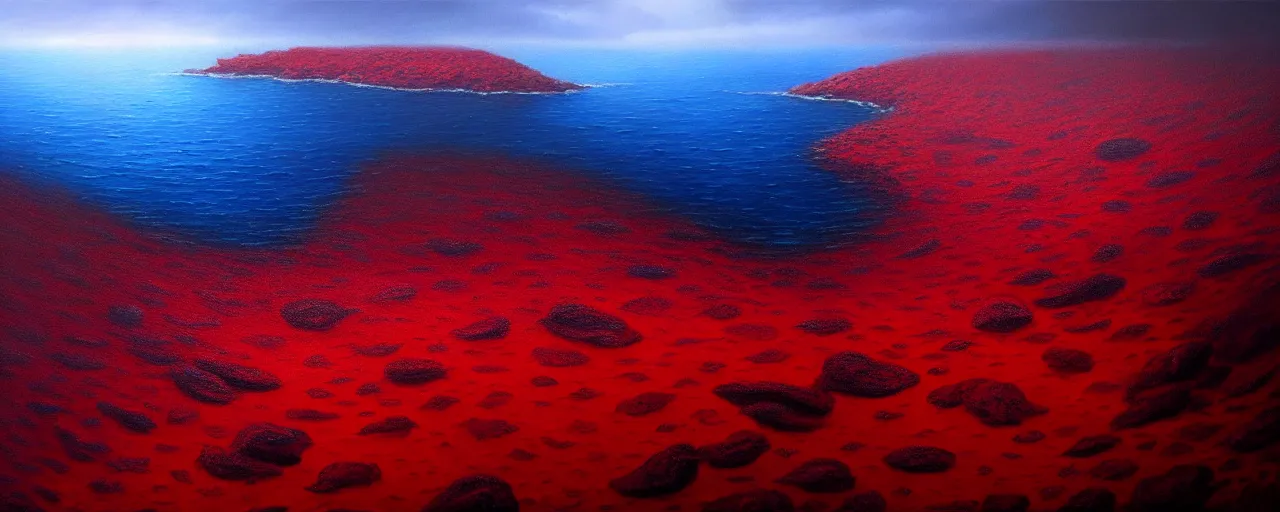 Prompt: A gorgeous detailed oil painting of a dark red sea covered in big blue steep rocks, the further away the mistier it gets, surreal, concept art, dark aesthetic, atmospheric, moody, highly detailed, masterpiece, award winning, 4k