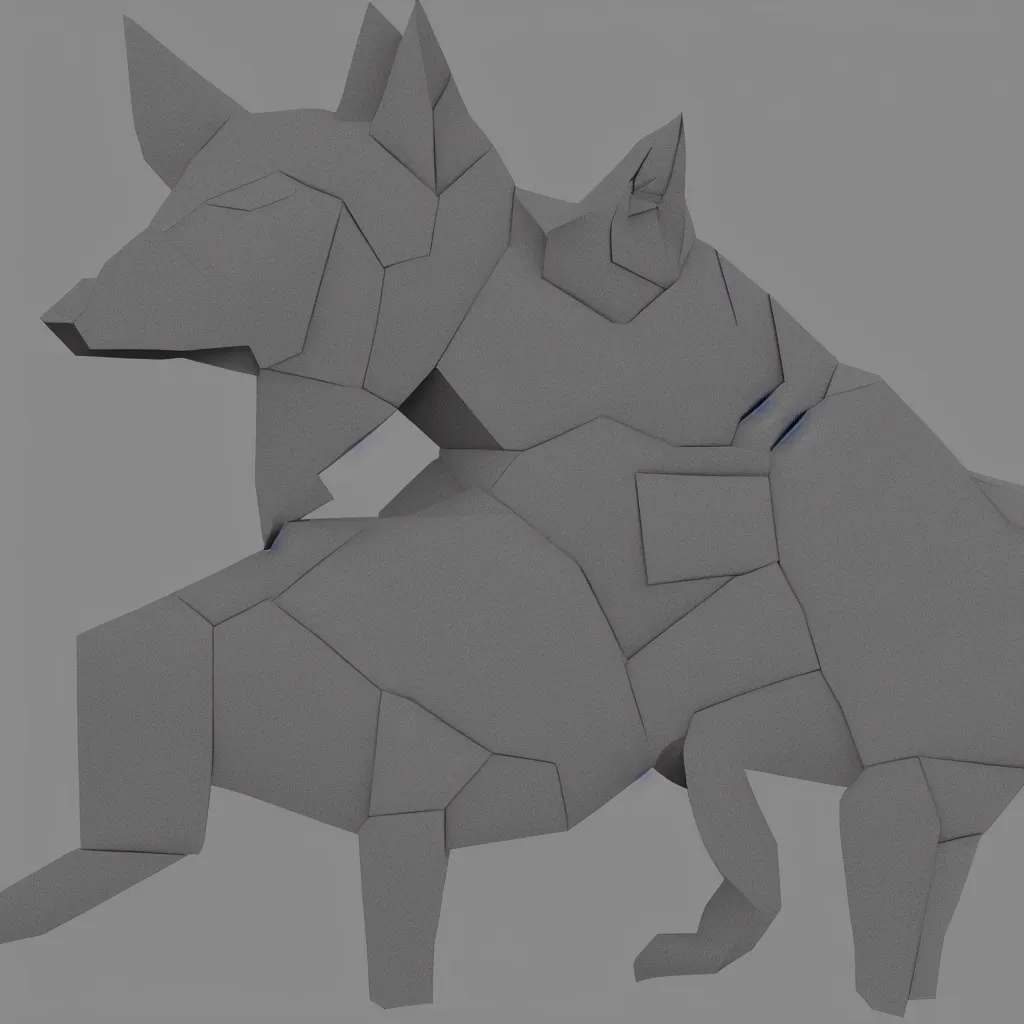 Prompt: 3 d render of chinese tangram of german shepherd figure made of dark gray pieces on light gray background, 2 d image