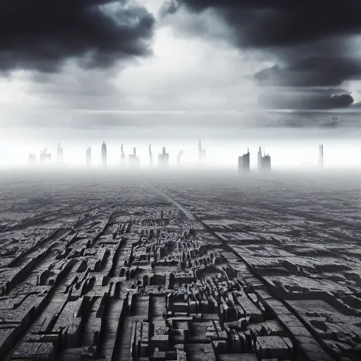 Image similar to surreal brutalist cityscape emerges from clouds below, moody, vast, uncaring