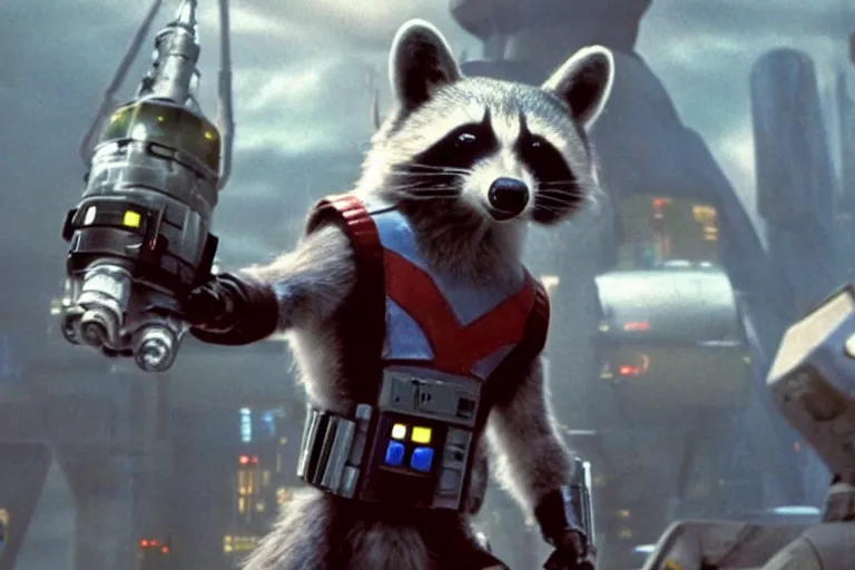 Image similar to marvel rocket racoon wearing a cyberpunk suit, in a still of the movie star wars episode one the phantom menace ( 1 9 9 9 )