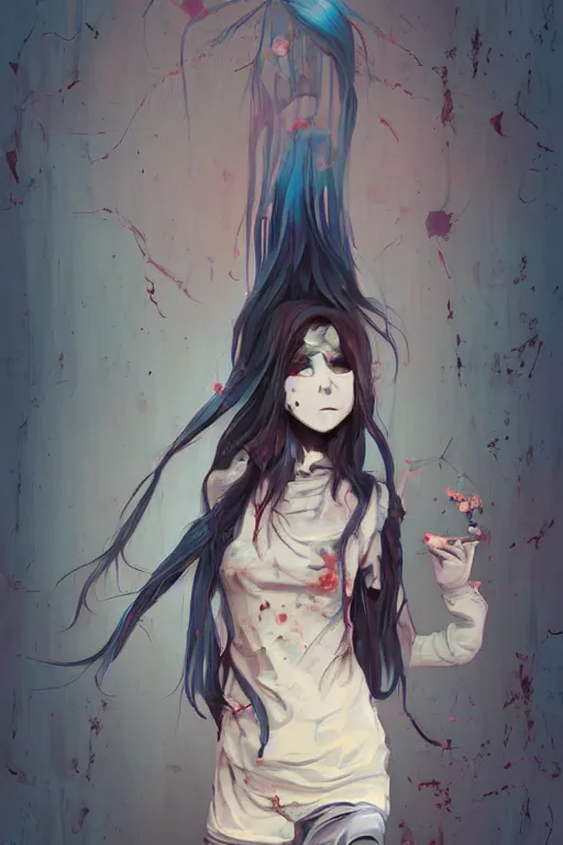 Prompt: urban school zombie girl in tattered clothes fanart, running ,dark blue long hair, muted colors, matte print, pastel colors, ornate, digital art, cute smile, digital painting, fan art, elegant, pixiv, by Ilya Kuvshinov, by Studio Ghibli