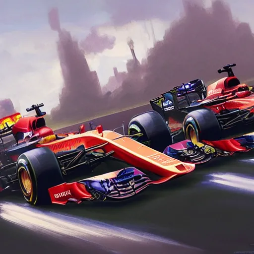 Image similar to formula 1 race, intricate, highly detailed, digital painting, artstation, concept art, smooth, sharp focus, illustration, Unreal Engine 5, 8K, art by artgerm and greg rutkowski and alphonse mucha