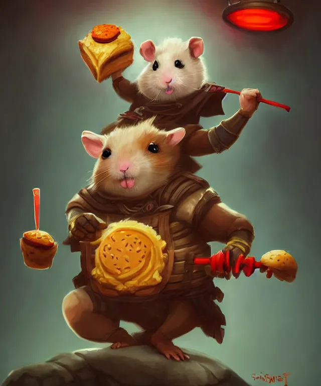 Prompt: a single anthropomorphic hamster ninja eating a hamburger, ninja outfit, standing in a buddhist temple, cute and adorable, dnd character art portrait, matte fantasy painting, deviantart artstation, by jason felix by steve argyle by tyler jacobson by peter mohrbacher, cinematic lighting