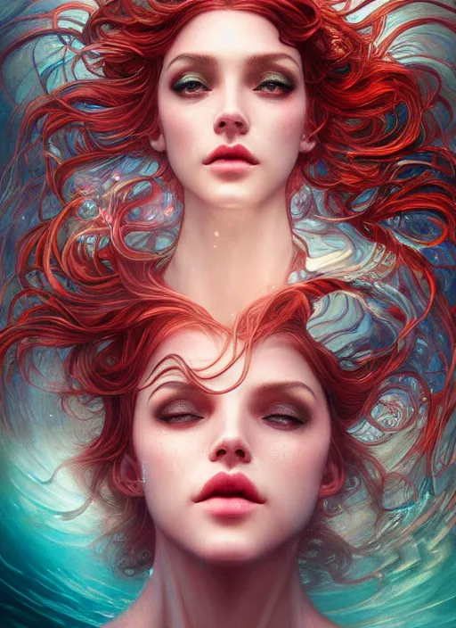 Image similar to an underwater photographic beauty portrait of an anthropomorphic ruby gemstone goddess, cinematic, volumetric lighting, fantasy, intricate, elegant, highly detailed, digital painting, artstation, concept art, smooth, sharp focus, illustration, art by ayami kojima, artgerm and h r giger and alphonse mucha