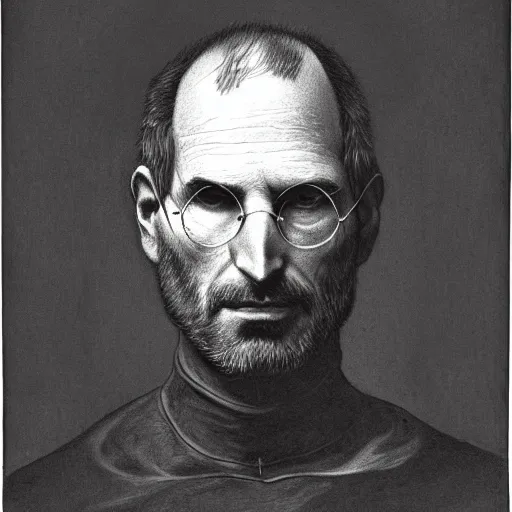 Image similar to portrait of steve jobs dramatic lighting by gustave dore and giger, museum print from copper plate etching, artstation