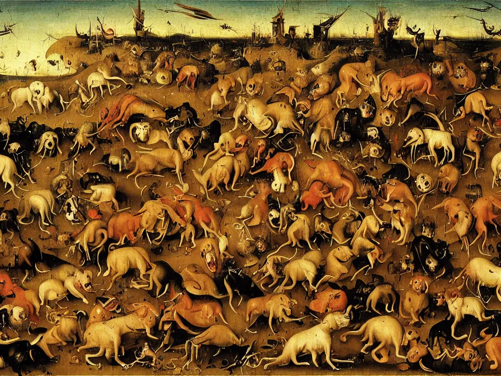 Image similar to dogs in a moshpit at a metal festival jumping and growling at each other, by hieronymus bosch, very wild, cool lighting at sunset, very detailed, concept art