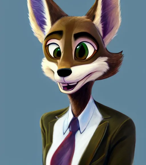 Image similar to oil painting of anthromorphic female wolf, in style of zootopia, zootopia, zootopia, fursona, furry, furaffinity, 4 k, deviantart, furry art, fursona art, wearing black business suit, business suit, in style of zootopia, wolf fursona, cyberpunk, female, expressive detailed feminine face,