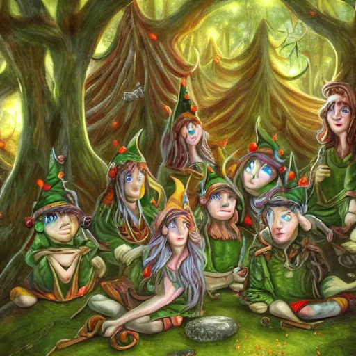 Image similar to highly detailed commune of hedonist elves. the elves are carefree and playful. digitally painted forest scene. The elves each have the face of famous musician Ed Sheeran. pixiv, artbreeder. high quality art