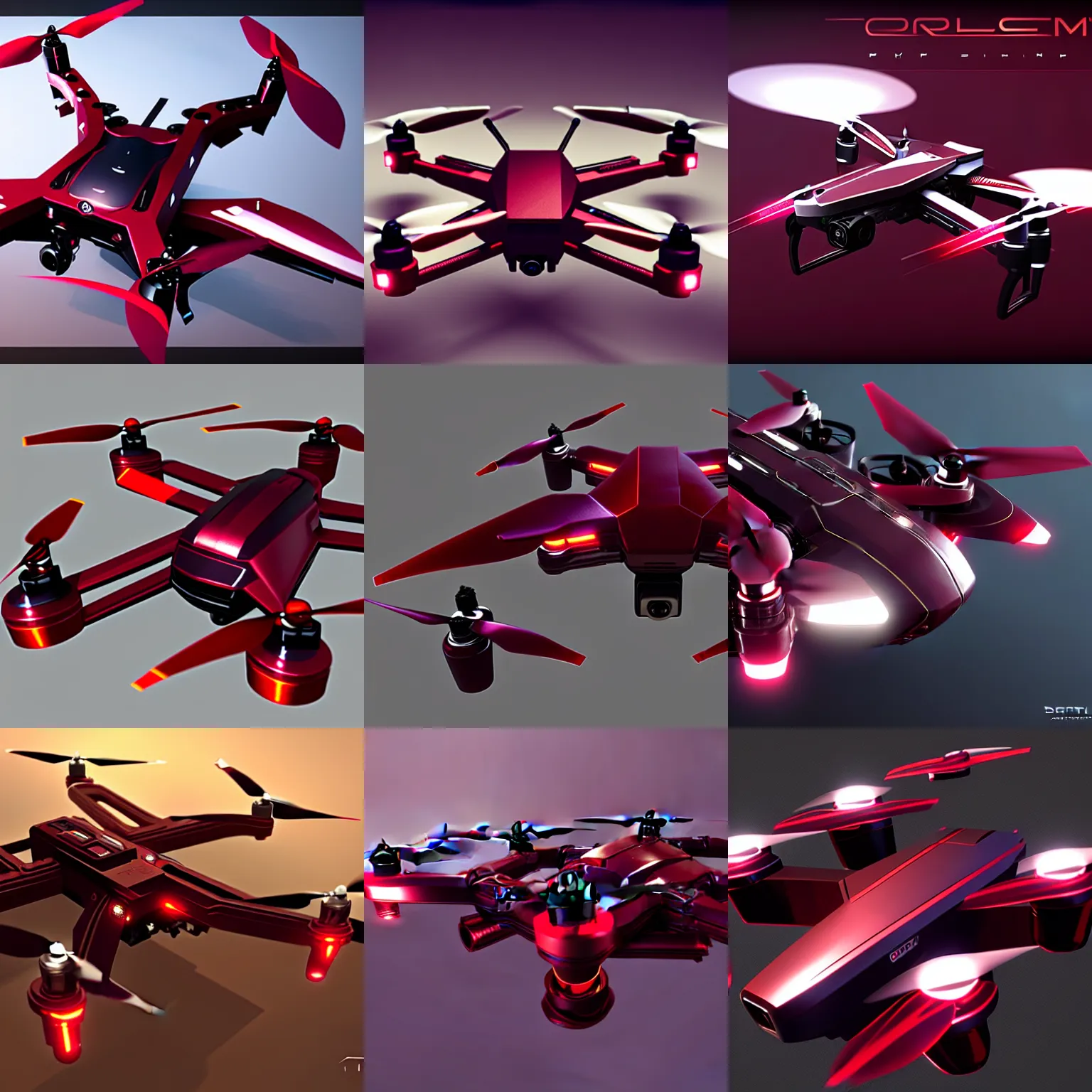 Prompt: concept art for a quadcopter drone, maroon accents, metallic reflections, gorgeous soft lighting, star citizen, trending on artstation, origin jumpworks, dji, dji