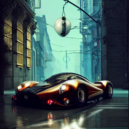 Image similar to cyber vintage supercar slick : by michal karcz, daniel merriam, victo ngai and guillermo del toro : ornate, dynamic, particulate, intricate, elegant, highly detailed, centered, artstation, smooth, sharp focus, octane render