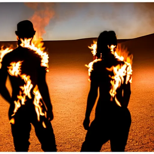 Image similar to photograph of three ravers, two men, one women, photographed from behind, talking around a fire, photorealistic, dancefloor kismet, diverse costumes, clean composition, desert transition area, bonfire, night, australian desert, xf iq 4, symmetry, sony a 7 r, 1 5 0 mp, 5 0 mm