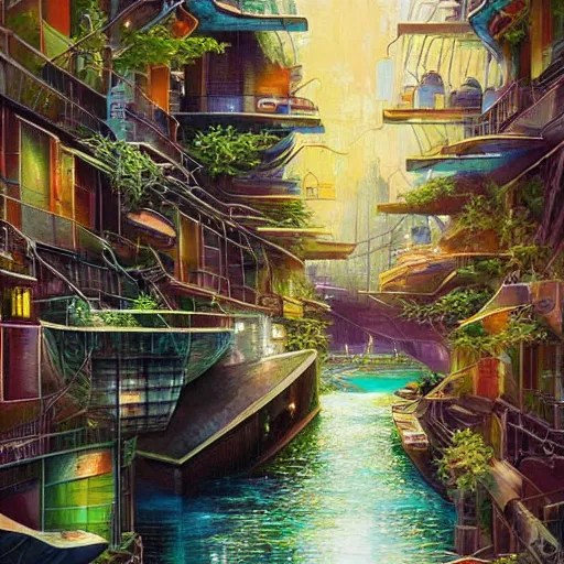 Image similar to Narrow cosy waterway in futuristic sci-fi city in harmony with nature. Nice colour scheme, soft warm colour. Beautiful detailed painting by Lurid. (2022)