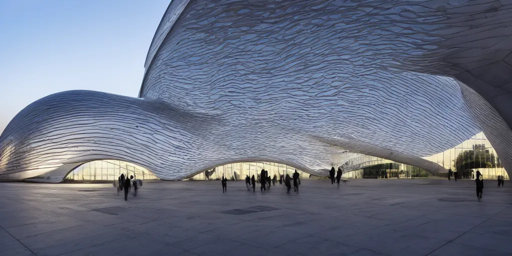 Prompt: extremely detailed ornate stunning sophisticated beautiful elegant futuristic museum exterior by Zaha Hadid in Milan, stunning volumetric light, stainless steal, concrete, translucent material, beautiful sunset, tail lights