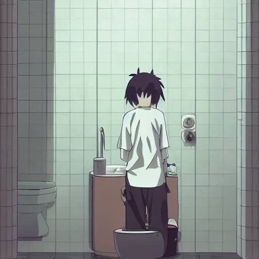 Image similar to an old man in the bathroom,slice of life anime,anime scenery by Makoto shinkai
