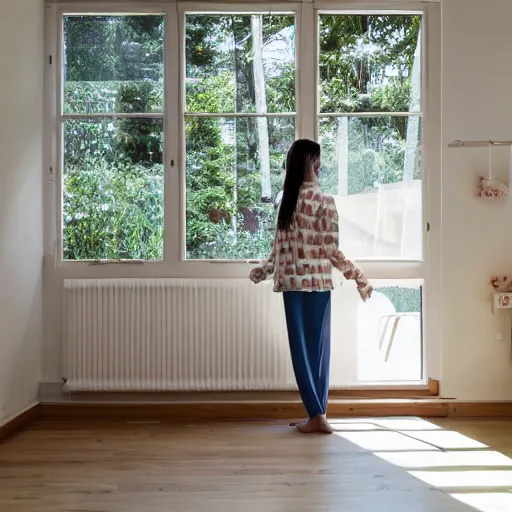 Image similar to person in pyjamas standing near window, turned back to camera, cinematography, sun rays, daylight, big french door window, windowsill, big spatious room, carpet at the floor, wide shot, furnished room, anamorphic shot lens, window at the center, wooden floor, modern, winter sun, photorealistic, high ceiling