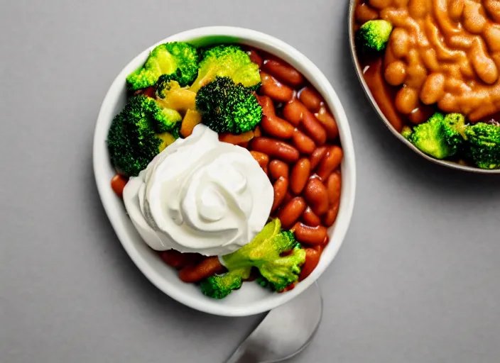 Image similar to food photo still of soft serve swirled frozen yogurt topped with baked beans and broccoli, 8 5 mm f 1. 8 studio lighting