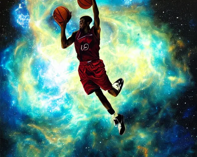 Prompt: cosmic basketball player dunking in a nebula, an oil painting, by ( leonardo da vinci ) and greg rutkowski and rafal olbinski ross tran airbrush time magazine