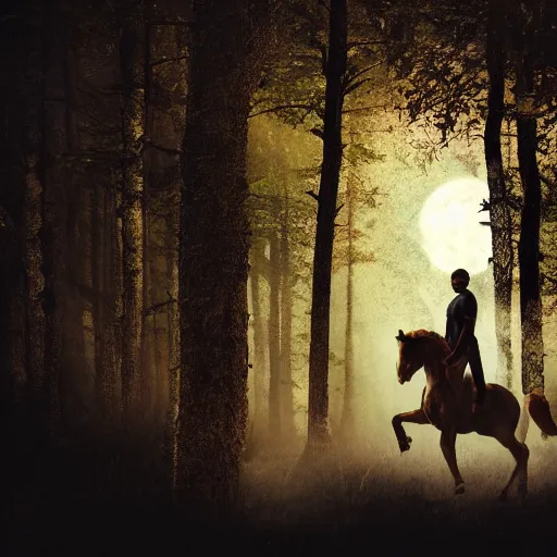 Image similar to close photo of morgan freeman riding an unicorn, in the middle of a forest, in the moonlight, night realism, 4 k, octane render, award winning photograph