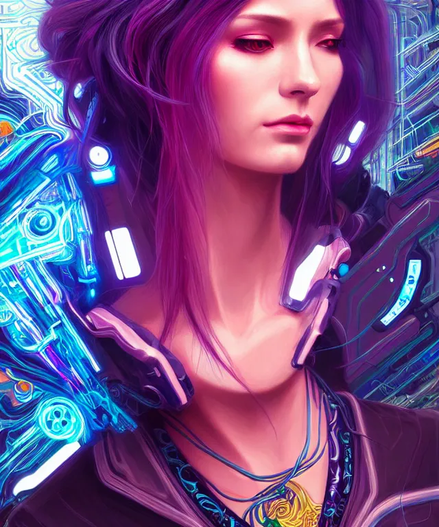 Image similar to beautiful adult woman wearing netrunner clothing, extremely detailed face, cyberpunk, cybernetic, cyborg, vaporwave aesthetic, synthwave, flowing hair, colorful, psychedelic, intricate, elegant, highly detailed, digital painting, artstation, concept art, smooth, sharp focus, illustration, art by artgerm and greg rutkowski and alphonse mucha