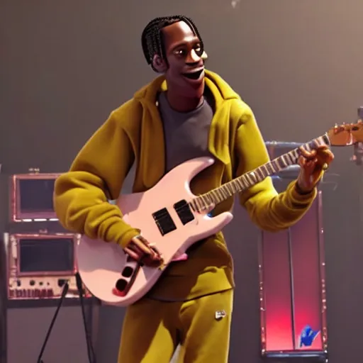 Prompt: Travis Scott playing on guitar at the stage, by studio Pixar,