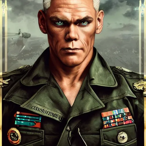 Prompt: christopher titus as guile from street fighter, big hair, army uniform, ultra realistic, concept art, intricate details, eerie, highly detailed, photorealistic, octane render, 8 k, unreal engine. art by artgerm and greg rutkowski and magali villeneuve and alphonse mucha