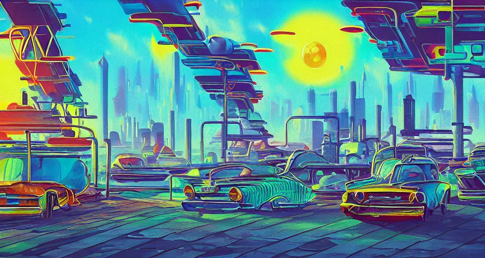 Prompt: landscape painting, retrofuturistic solarpunk atompunk city, colorful, chrome, abstract arcologies,