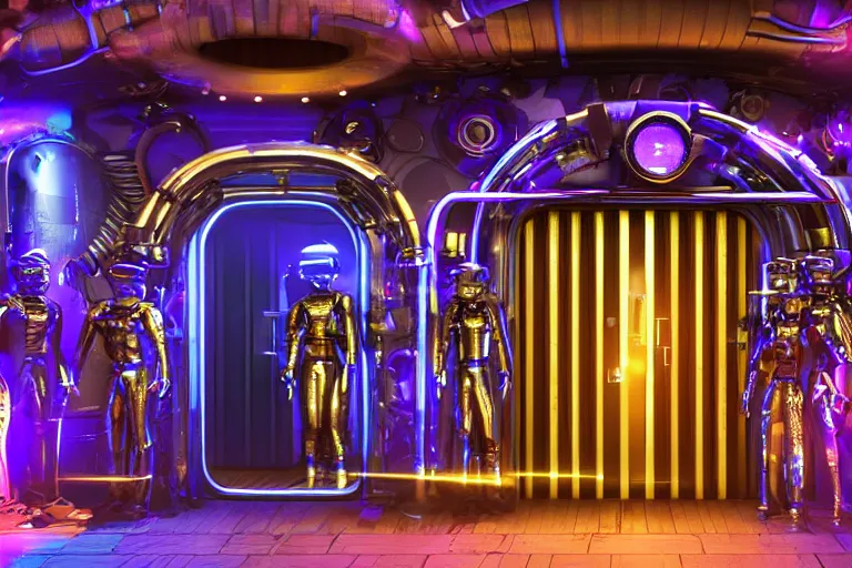 Prompt: entrance door to a futuristic nightclub, in front of the door are 7 golden and blue metal humanoid steampunk robots wearing and gears and tubes, eyes are glowing red lightbulbs, shiny crisp finish, 3 d render, 8 k, insaneley detailed, fluorescent colors, background is back yrad of a nightclub, nightlight