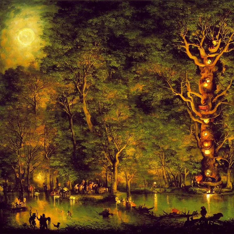 Image similar to a night carnival around a magical tree cavity, with a surreal orange moonlight and fireworks in the background, next to a lake with iridiscent water, christmas lights, folklore animals and people disguised as fantastic creatures in a magical forest by summer night, masterpiece painted by gustave courbet, mark keathley, dark night environment