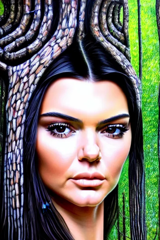 Prompt: realistic detailed face portrait painting of the beautiful kendall jenner with long hair with sci-fi headwear, futuristic sci-fi forest on background by HR GIGER