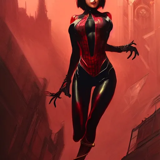 Image similar to Ada Wong as Spider-Woman, western, D&D, fantasy, intricate, elegant, highly detailed, digital painting, artstation, concept art, matte, sharp focus, illustration, art by Artgerm and Greg Rutkowski and Alphonse Mucha