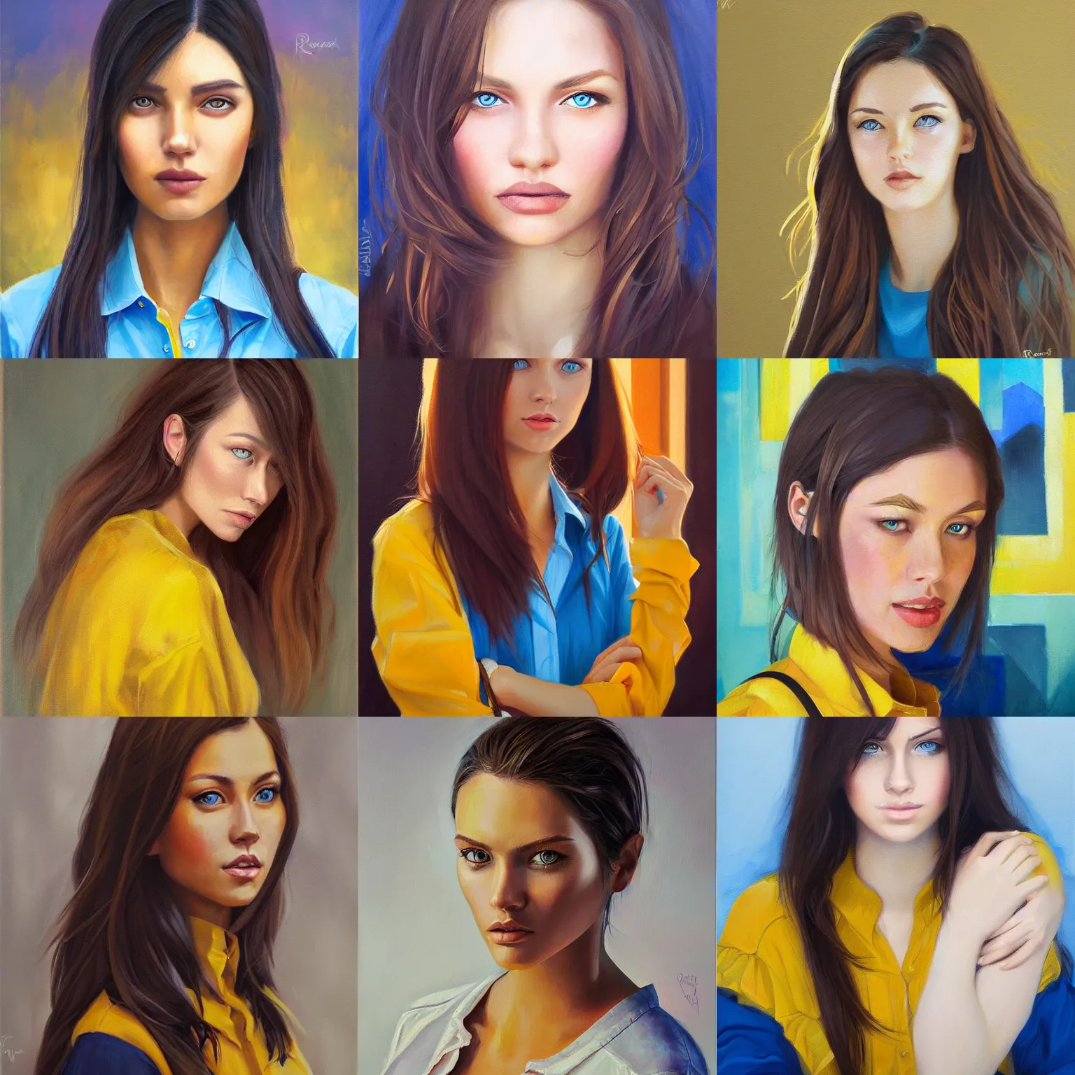 Prompt: oil painting portrait of a strikingly gorgeous assiniboine woman with blue eyes and dark brown hair, wearing a modern yellow shirt, by rossdraws