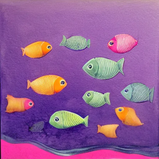 Prompt: purple sea with three cute fish babies