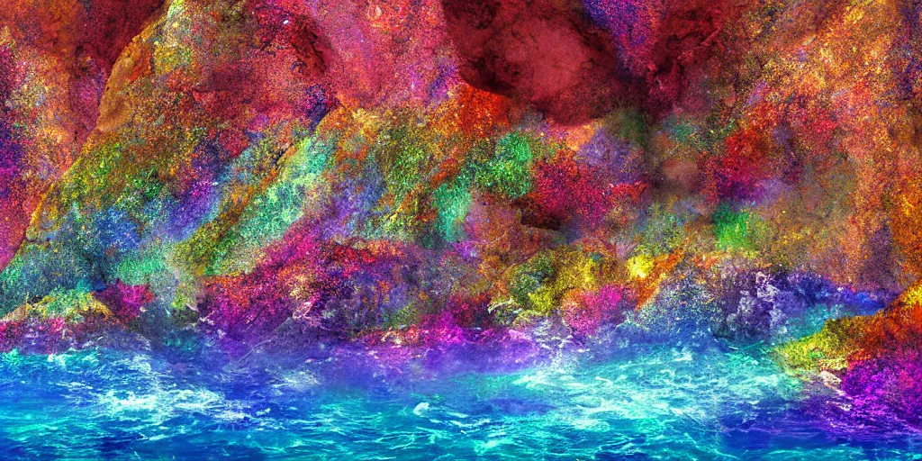 Image similar to glittering multicolored crystal cliffs, viewed from the ocean, high quality digital art,