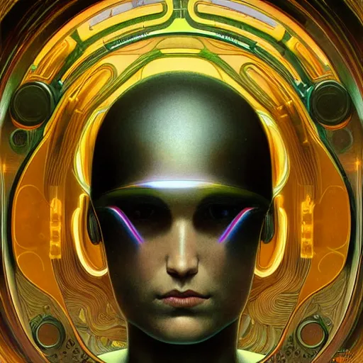 Prompt: portrait of a beautiful blond male android, coy, circuitry visible in head, in the style of ex machina, karol bak, alphonse mucha, greg rutkowski, award winning, hr giger, artstation