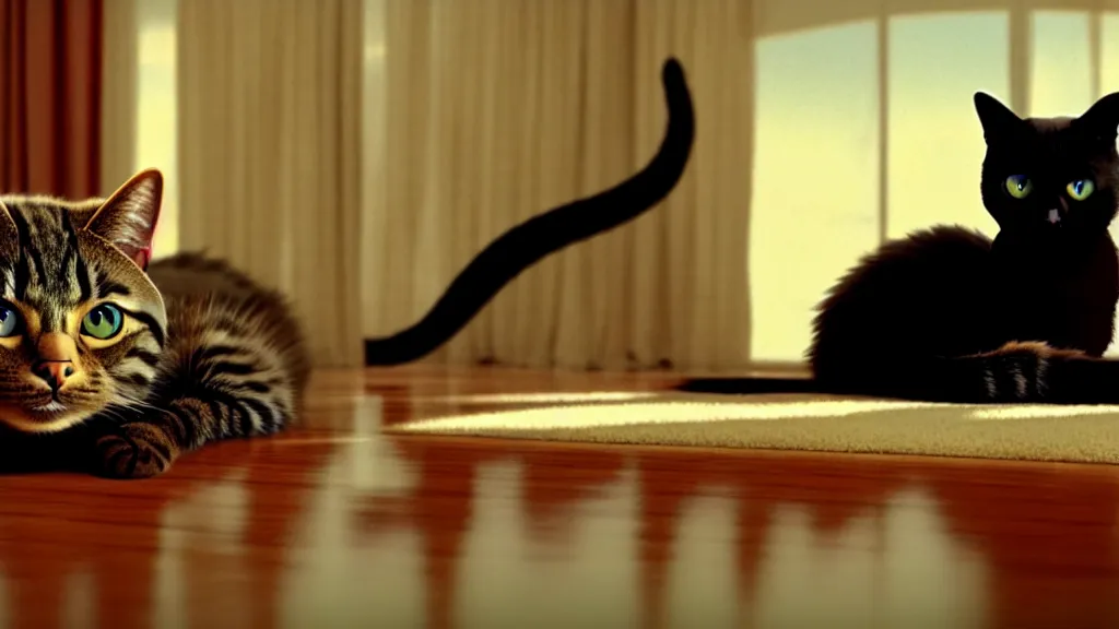 Image similar to an average american cat in the living room, film still from the movie directed by Denis Villeneuve with art direction by Salvador Dalí, wide lens