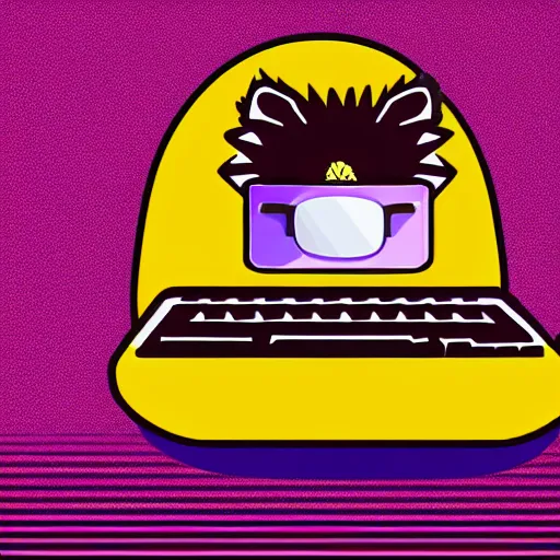 Prompt: a hedgehog hacker in sunglasses and a hood sits at a laptop, synthwave, vector art