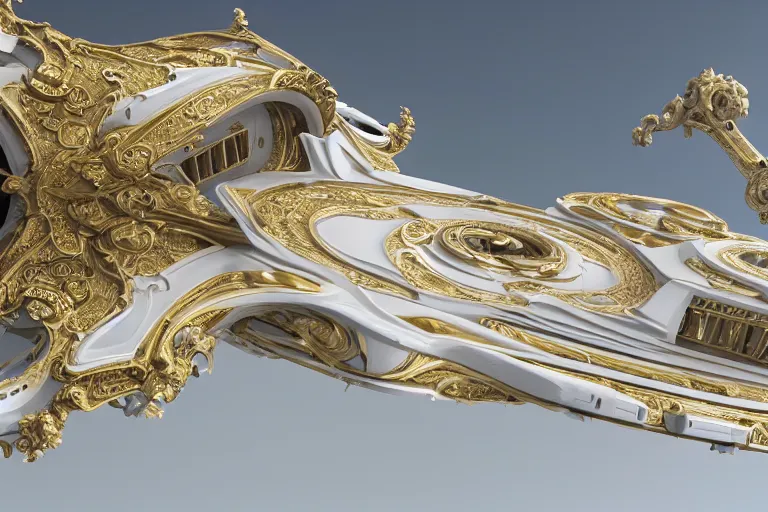 Prompt: exterior shot of the gleaming hull of a starship drifting through space, made of white ivory with detailed gold baroque ornamentation and filigree, trending on ArtStation, very detailed, octane render, Greg Rutgowski, Jodorwoski's Dune, David Lynch, postmodernist baroque industrial design, 4K, French Nouveau, gothic baroque space ship