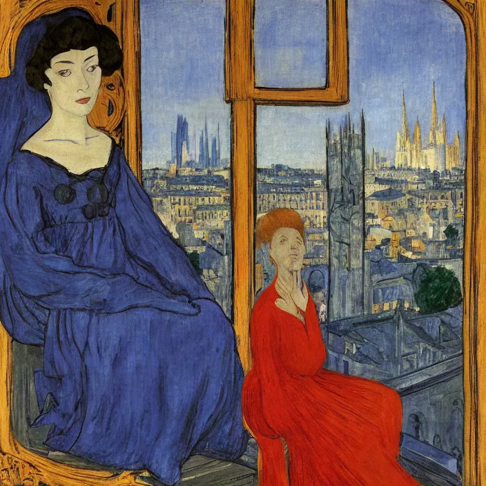 Image similar to portrait of woman in night gown with cat with city with gothic cathedral seen from a window frame with curtains. lapis - lazuli, malacchite, turquoise, indigo. piero della francesca, bonnard, henri de toulouse - lautrec, utamaro, matisse, monet, audubon