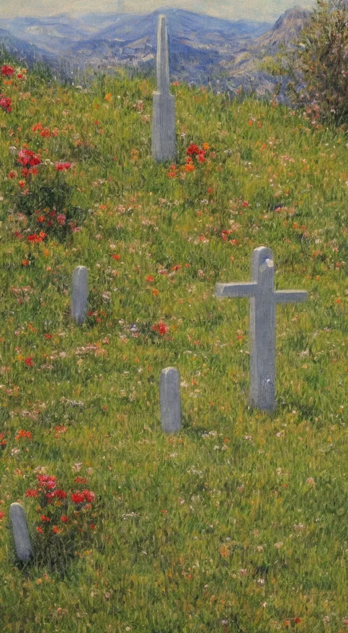 Image similar to highly detailed impressionist painting of sword marking grave on mountain top