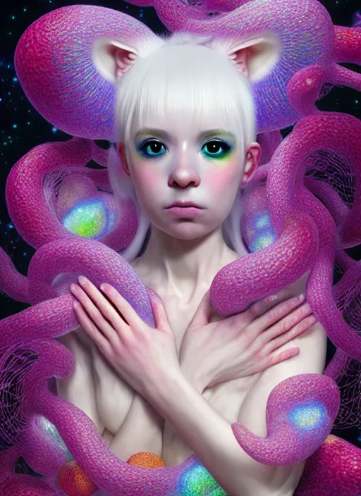 Image similar to hyper detailed 3d render like a Oil painting - kawaii portrait Aurora (white haired Singer Ferret) seen Eating of the Strangling network of yellowcake aerochrome and milky Fruit and Her delicate Hands hold of gossamer polyp blossoms bring iridescent fungal flowers whose spores black the foolish stars by Jacek Yerka, Mariusz Lewandowski, Houdini algorithmic generative render, Abstract brush strokes, Masterpiece, Edward Hopper and James Gilleard, Zdzislaw Beksinski, Mark Ryden, Wolfgang Lettl, hints of Yayoi Kasuma, octane render, 8k