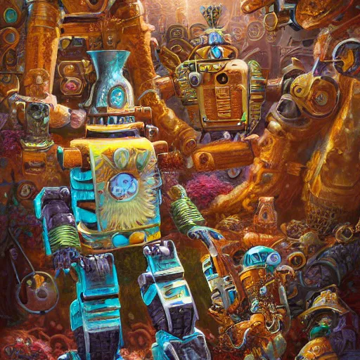 Image similar to On the morning of the robot queen's coronation, shadows of the past, The Mekanik Doll, chubby moss kitten, by jeff easley and Dylan Kowalski, highly detailed, digital painting, HDRI, by vivid colors, high contrast, 8k resolution, intricate, beautiful and thematically complex, smooth