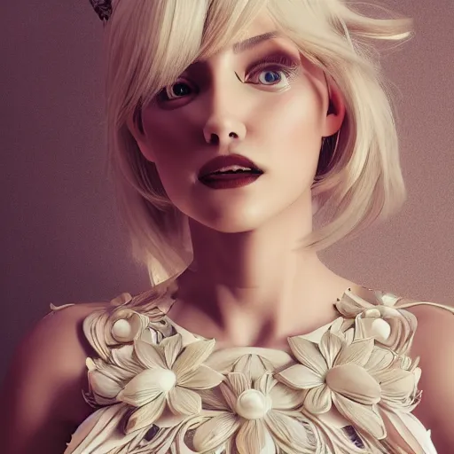 Image similar to beautiful blonde lady in a 3D flower dress , hyperrealistic, ultra detailed, octane render, symmetric, 3d, majestic, dark fantasy, intricate