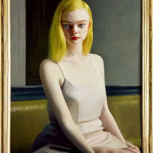 Image similar to Painting of Elle Fanning shining a flashlight, long blonde hair, delicate, pale milky white porcelain skin, very dark night, by Edward Hopper. 8K. Extremely detailed.